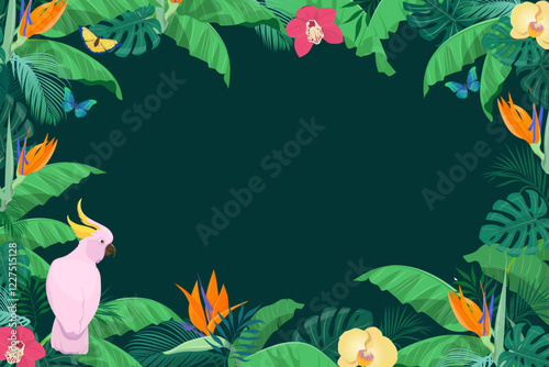 Tropical frame with exotic jungle plants and a pink cockatoo in the corner.  Vector illustration
