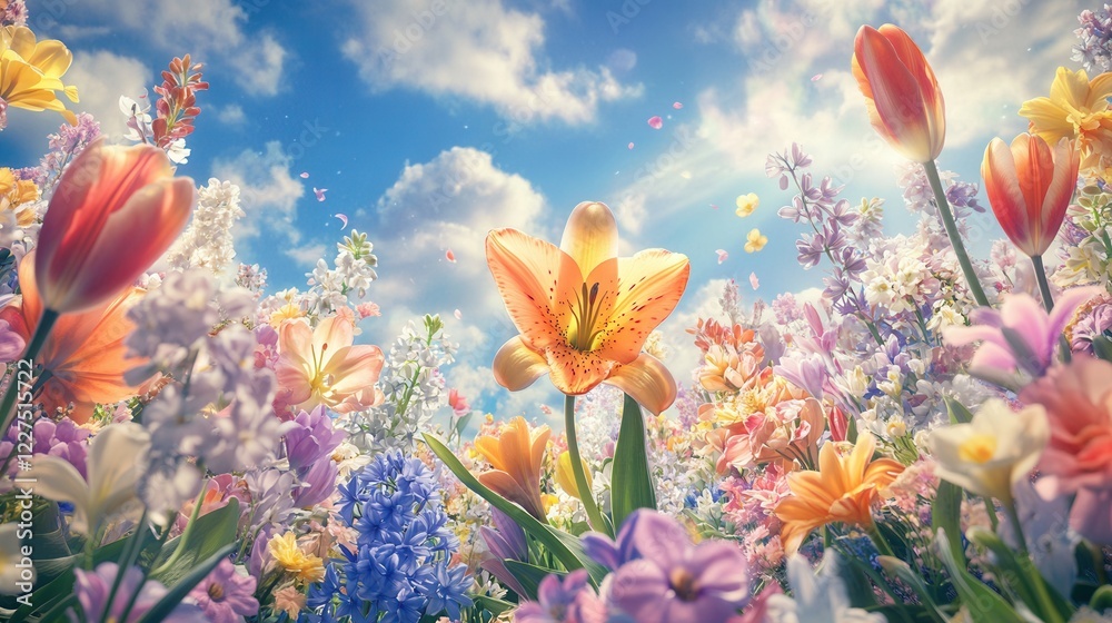 Obraz premium A vibrant mix of spring flowers, including lilies, hyacinths, and tulips