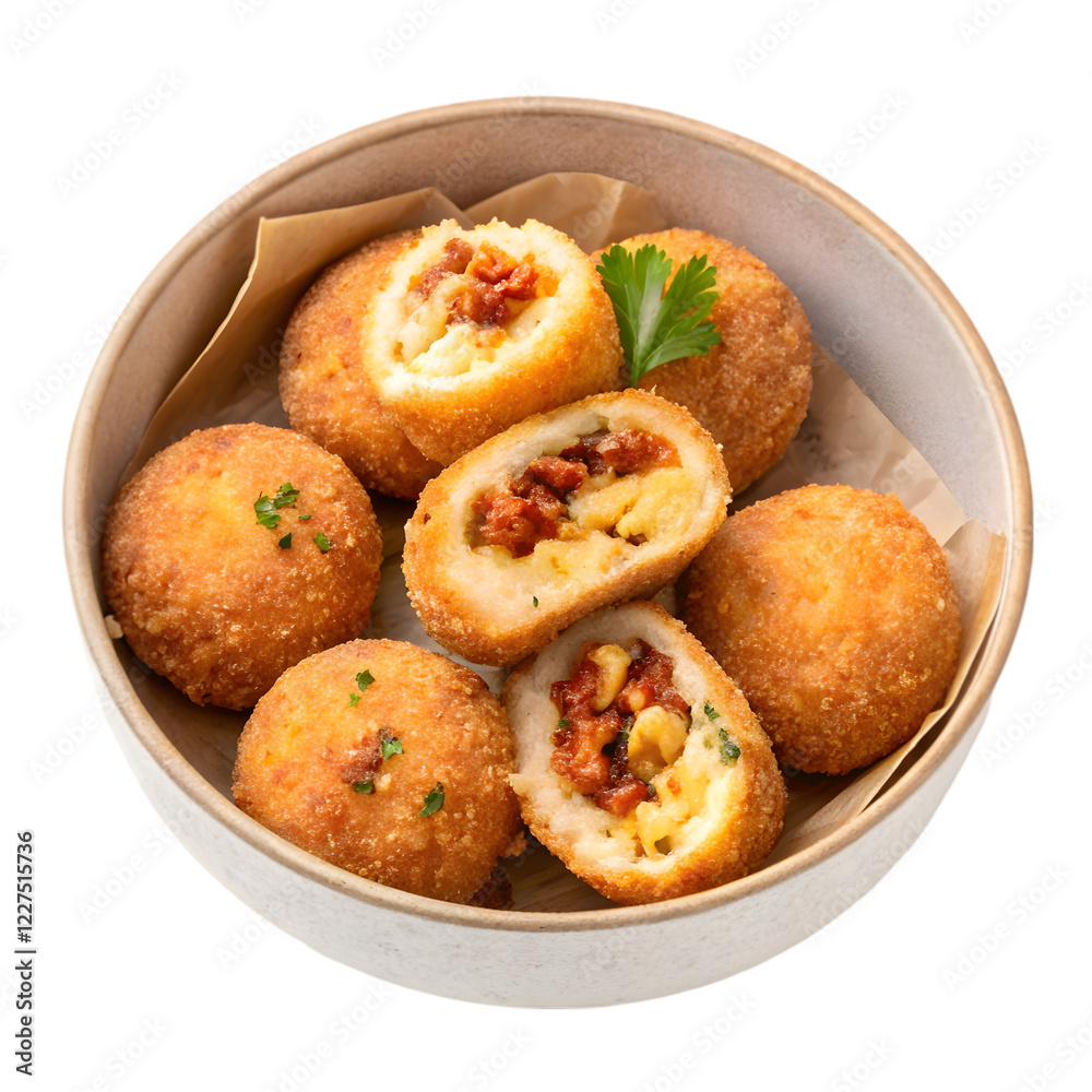 Crispy croquettes arrange on a white bowl Crispy croquettes arrange on a white bowl