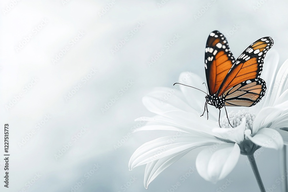 Fototapeta premium A vibrant butterfly perched delicately on a white flower, surrounded by a soft, blurred background