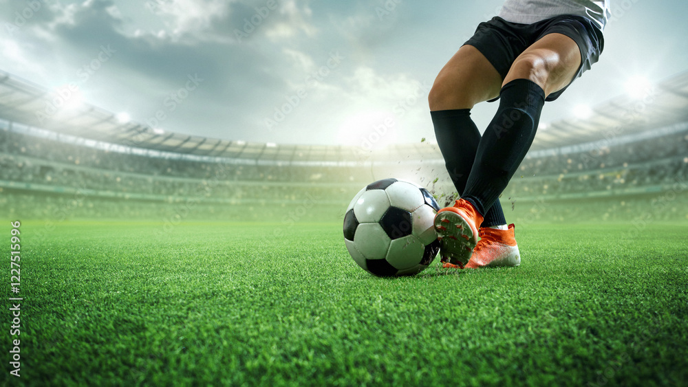 Obraz premium Dribbling action. Soccer player in white jersey, black shorts kicking ball in motion on green field. 3D stadium, bright lights, speed, precision. Concept of sport, competition, goals.