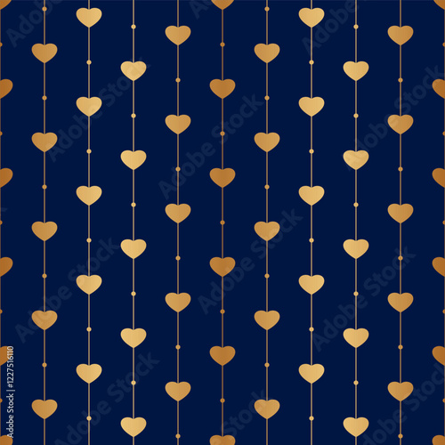 Heart seamless pattern. Repeated gold hearts on blue background. Love design. Gift paper for prints. Repeating golden hearth. Modern patern. Wedding wrapper. Glitter woman packing. Vector illustration