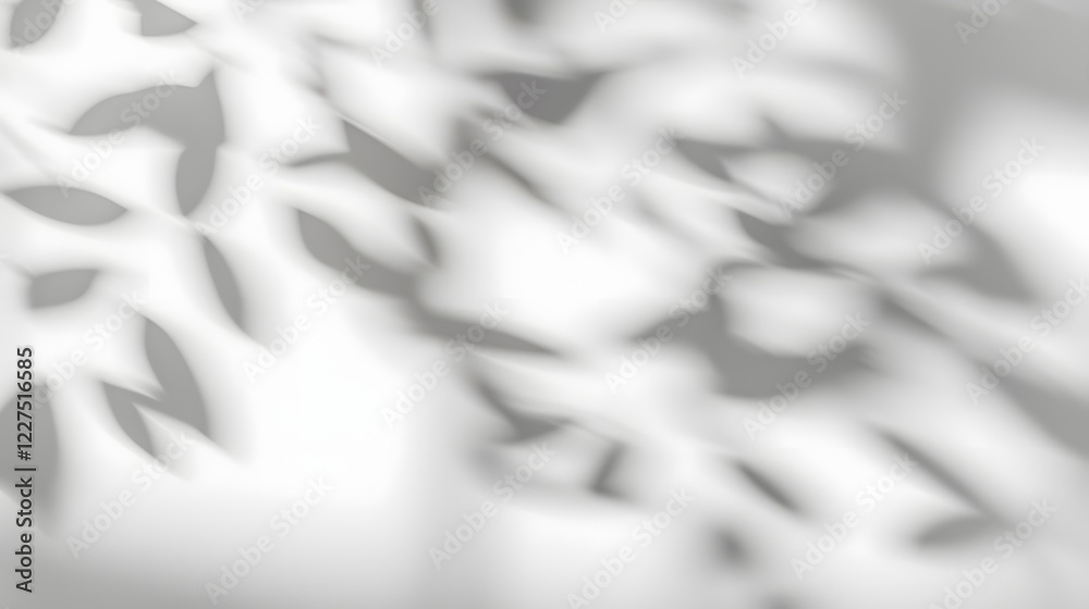 Fototapeta premium Soft and dreamy tree leaves shadow overlaying a plain white wall background with subtle light transitions evoking a tranquil and timeless mood