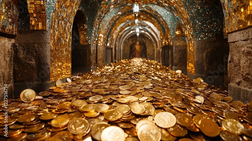 Golden Coins Overflowing in Opulent Tunnel with Glittering Mosaic photo