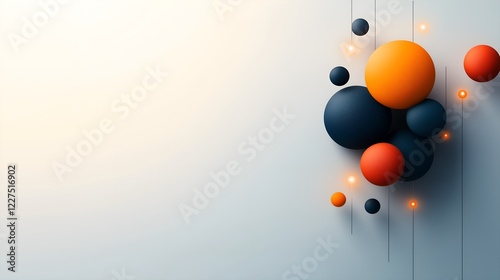 Minimalist 3D Render Of Floating Spheres In Orange And Navy Blue Tones, With Glowing Accents And A Clean Background, Representing Modern Abstract Design And Digital Aesthetics