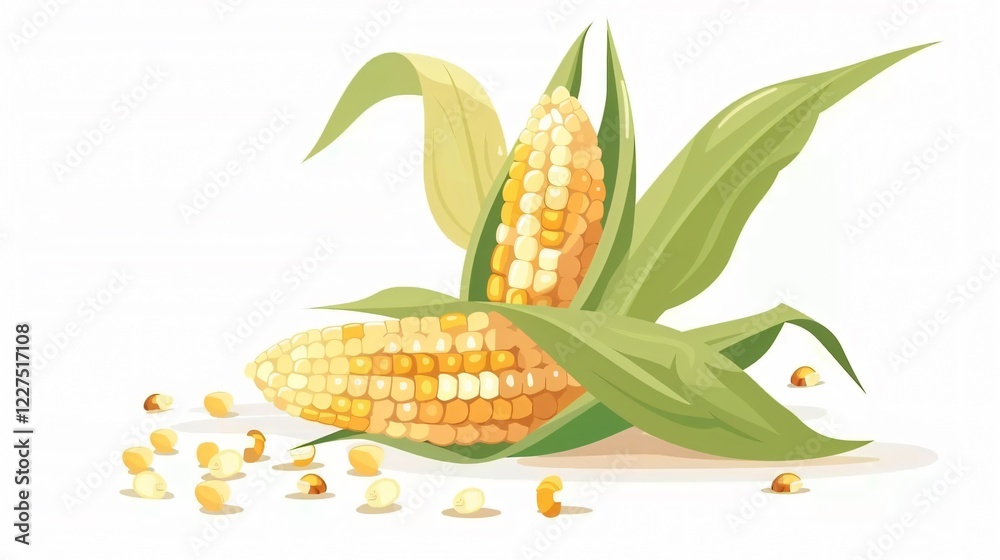 Obraz premium Vibrant Cartoon Maize Kernels on Green Corncob with Leaf Ear - Stock Photo