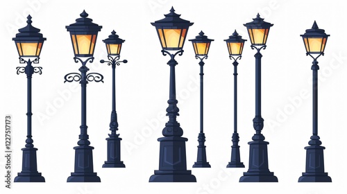 Vintage Cartoon Lamp Post on Old Street - Outdoor Pole Street Light Illustration