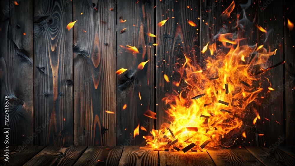 Fototapeta premium Fiery Splinter Explosion Against Dark Wood, chaotic fragment