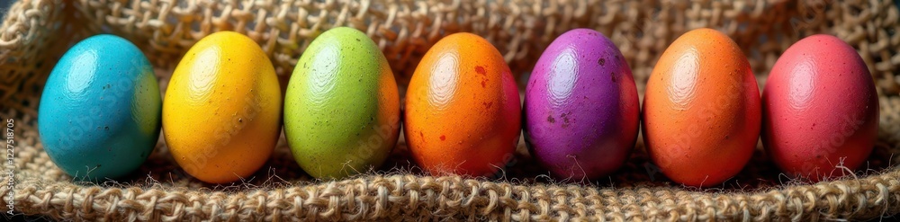 Striking spectrum of painted eggs aligned on burlap, celebration, symbol, Easter eggs Striking spectrum of painted eggs aligned on burlap, celebration, symbol, Easter eggs