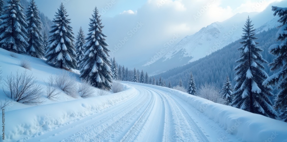 Fototapeta premium Snow-covered mountain road winding through frosted pines , background, panorama