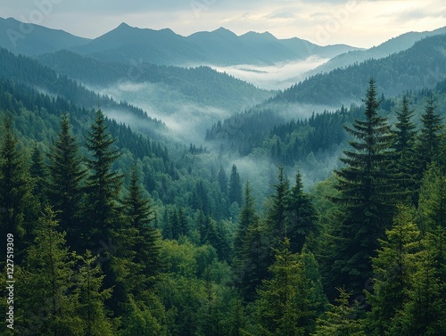 Misty Mountain Peaks Framed by Towering Pine Trees in Scenic Wilderness Landscape