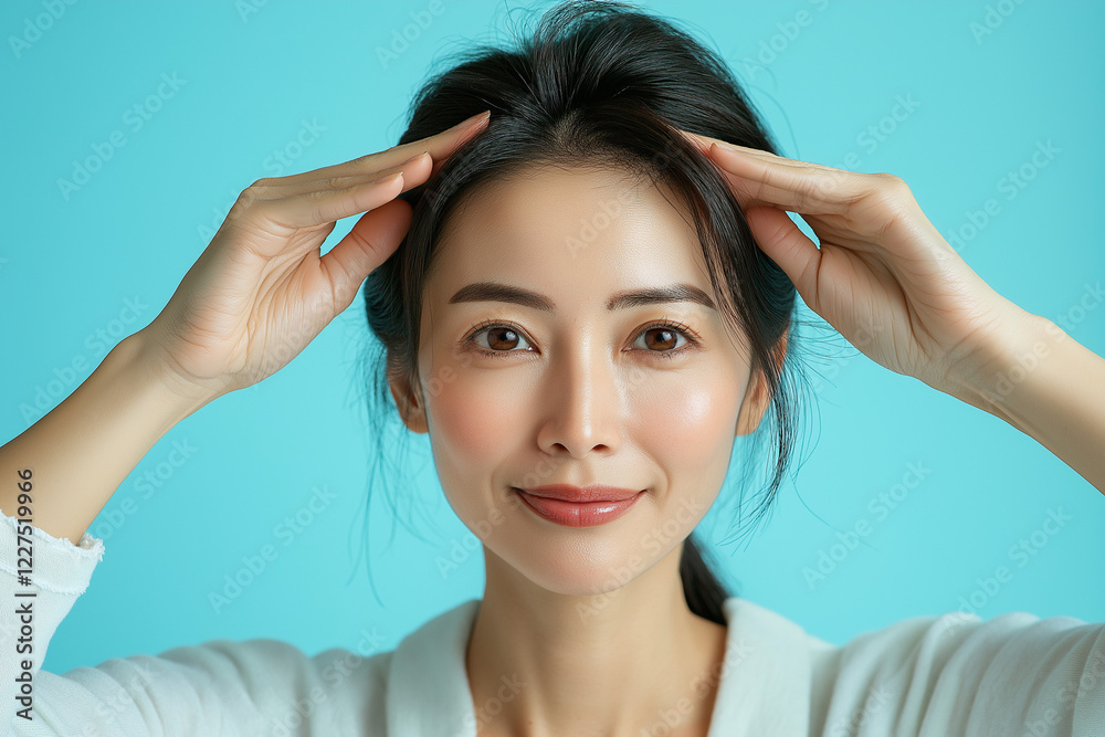 A radiant Asian woman in her late thirties smiles while gently touching her face with both hands against a light blue background. Captured in an advertising photography style, the image highlights. A radiant Asian woman in her late thirties smiles while gently touching her face with both hands against a light blue background. Captured in an advertising photography style, the image highlights.