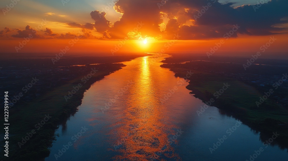 Fototapeta premium Golden Sunset Over a Serene River Landscape Reflecting Warm Hues and Cloud Formations