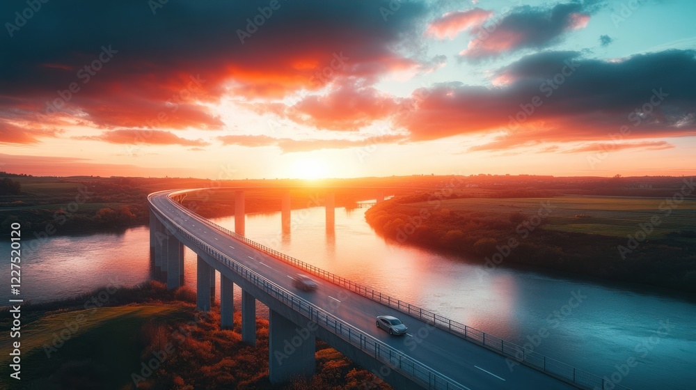 Stunning sunset view over a serene river with a bridge and cars passing. Nature and travel meet in this beautiful landscape.
