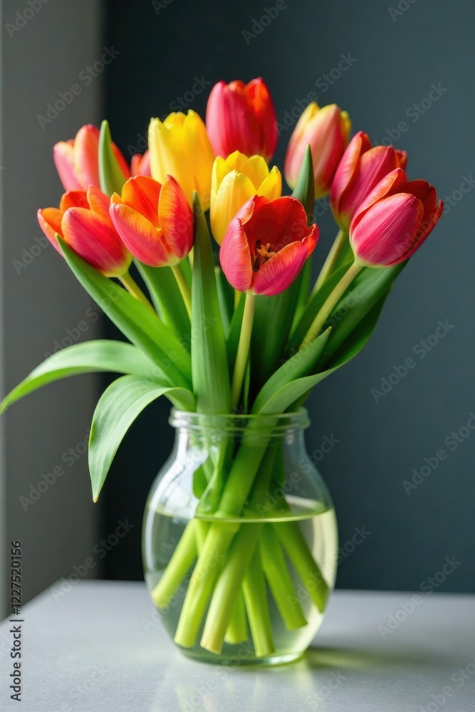 Spring bouquet of colorful tulips in a glass vase, colors, glass Spring bouquet of colorful tulips in a glass vase, colors, glass