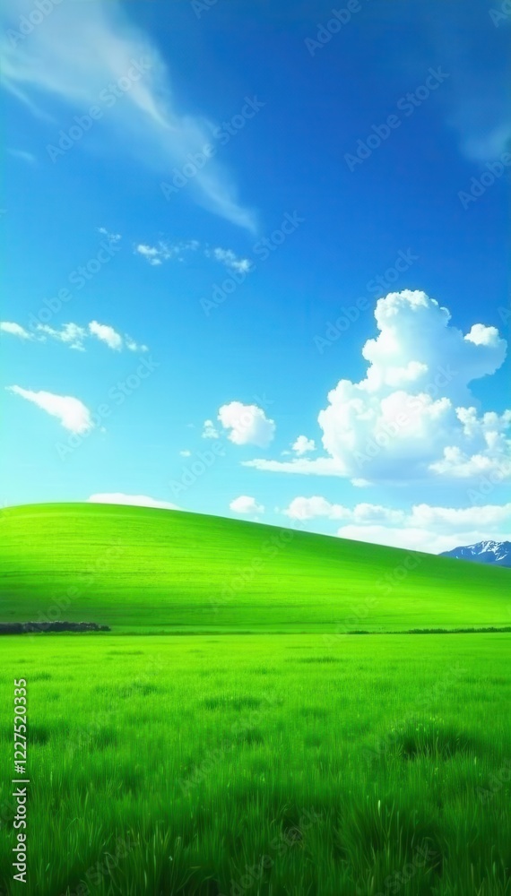 Vast green field stretches to a brilliant blue sky, nature, background Vast green field stretches to a brilliant blue sky, nature, background