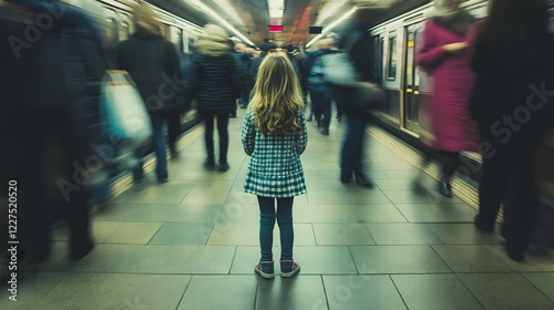 Autistic girl stands alone at subway station while crowds move past on a busy day