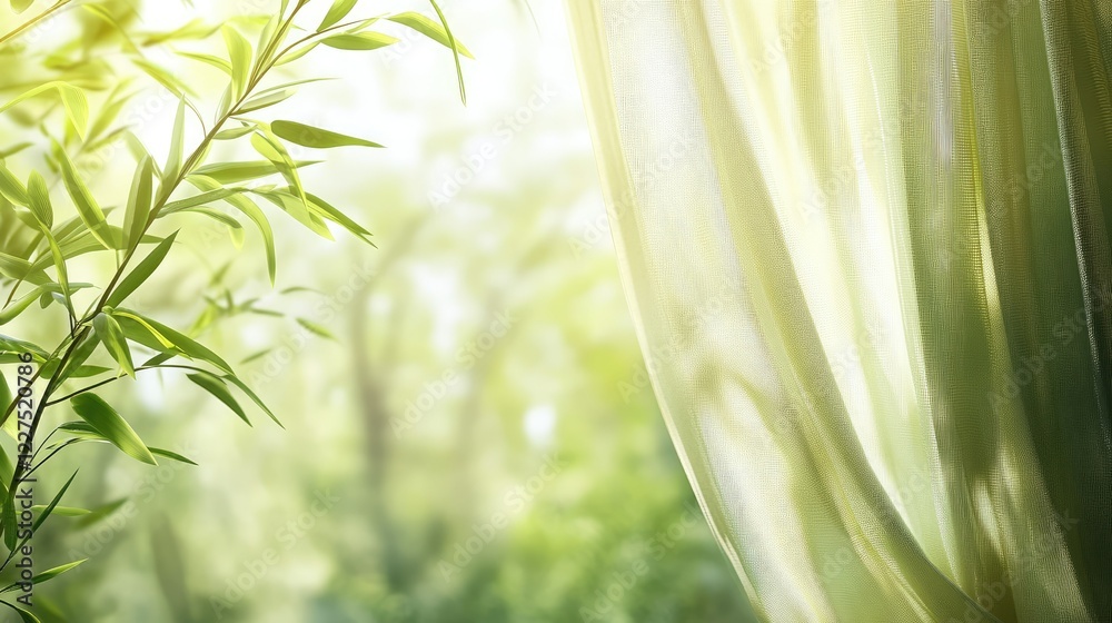 Close-up of light curtains with a serene green garden and soft sunlight in the blurred background, no people Close-up of light curtains with a serene green garden and soft sunlight in the blurred background, no people