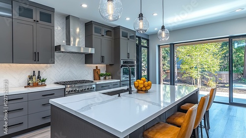 Wallpaper Mural A glossy gray linear tile backsplash and white quartz countertops complement the dark gray flat front cabinets in this modern gray kitchen. USA, Northwest Torontodigital.ca