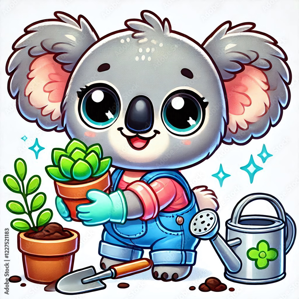 Naklejka premium A tiny koala carefully planting a succulent in a pot with a smile