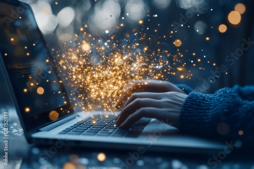 A person typing on a laptop, startled by a sudden loud notification, with their hands frozen mid-air