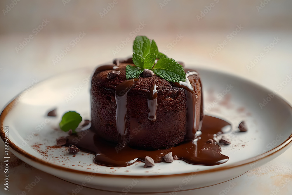 National Chocolate Soufflé Day chocolate soufflé on a small plate with a drizzle of chocolate sauce and garnished with a mint sprig