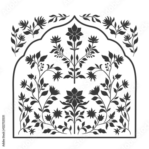 Mughal decorative ornamental floral. Vintage intricate traditional mughal style with flowers and foliage.