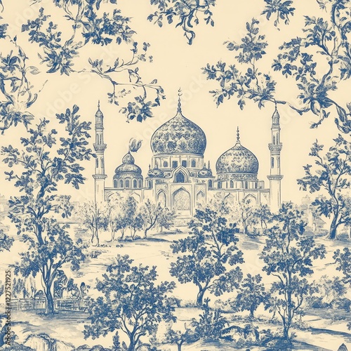 Wallpaper Mural Intricate Blue and White Pattern Featuring Majestic Palace Design Torontodigital.ca