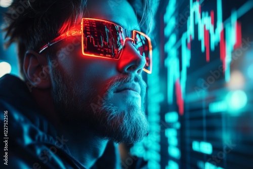 A stock trader analyzing a fluctuating graph on a large screen in a bustling office, with red and green lines representing sharp market changes