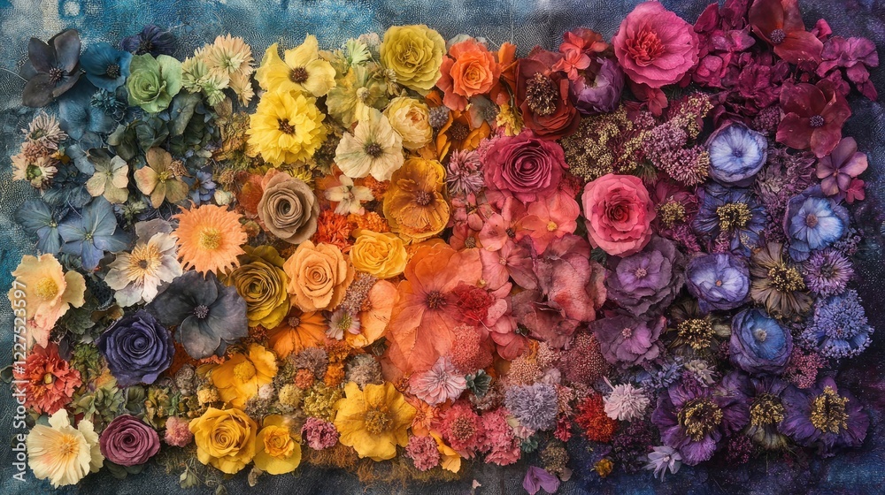 Fototapeta premium A stunning display of flowers, each dyed in natural, vivid hues, creating a captivating arrangement that celebrates the art of sustainable, eco-friendly dyeing