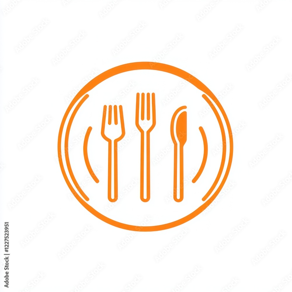 Orange plate with cutlery, restaurant menu icon Orange plate with cutlery, restaurant menu icon