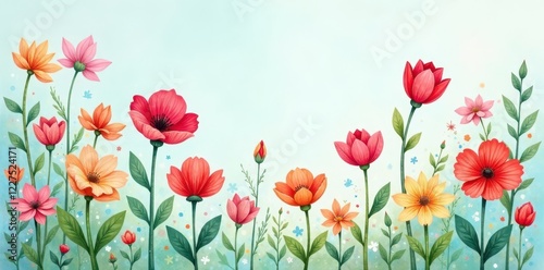 Cute hand-drawn spring flowers, vibrant colors, whimsical style , colorful, happy