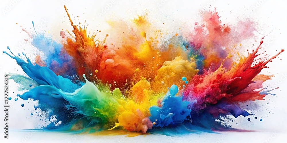 Fototapeta premium Abstract Watercolor Splash: Blue, Red, Orange, Yellow, Pink on White Background - High-Resolution Stock Photo