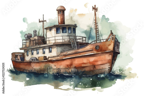 Watercolor background with boat. Sea illustration.