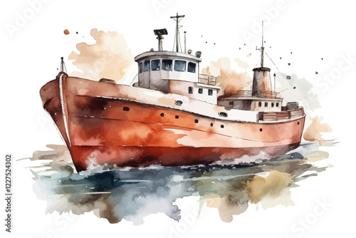 Watercolor background with boat. Sea illustration.