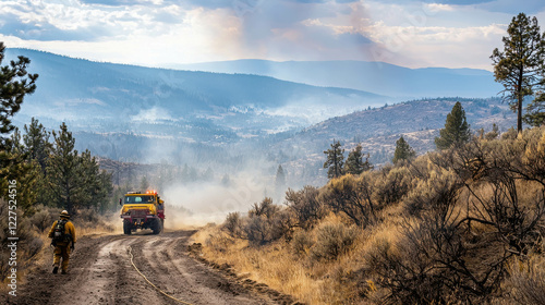 Firefighter Clearing Dry Brush Around Rural Community to Prevent Wildfire Threat in Nature photo