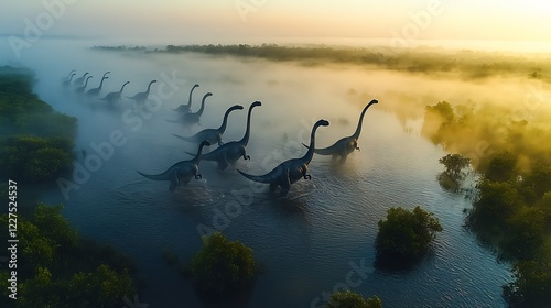 Diplodocus carnegii the Diplodocidae family navigating a misty wetland at dawn during the Late Jurassic period their long necks breaking through the fog as ripples spread in the water