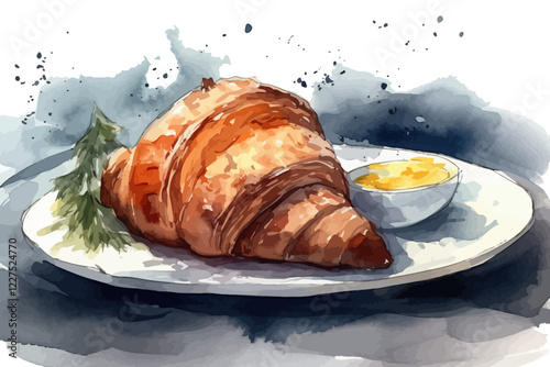 Watercolor background with croissant. Vector illustration. Fast food.