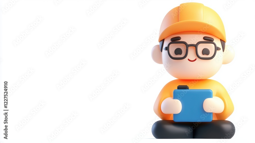 A cartoonish character in an orange cap and glasses sits, holding a blue tablet, against a plain white background. A cartoonish character in an orange cap and glasses sits, holding a blue tablet, against a plain white background.