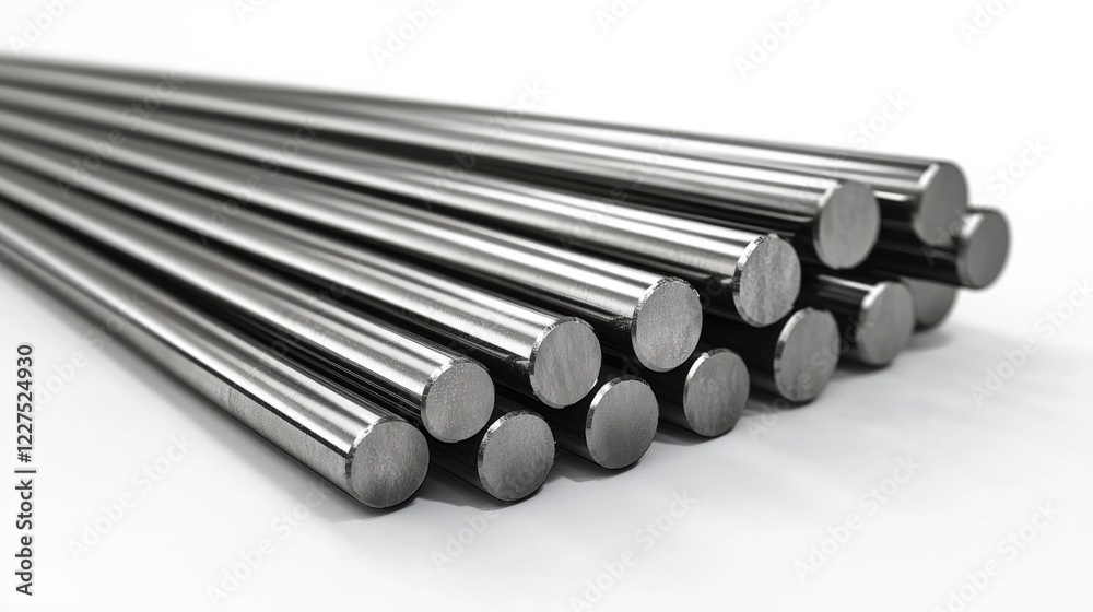 3D Rendering of Multiple Round Steel Bars Stacked on a White Background for Industrial and Engineering Use 3D Rendering of Multiple Round Steel Bars Stacked on a White Background for Industrial and Engineering Use