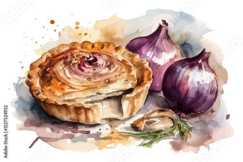 Watercolor background with quiche pie. Food vector illustration.