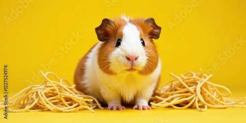 Adorable guinea pig surrounded by piles of yellow pasta on a vibrant yellow background