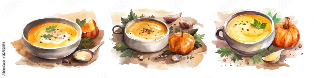 Hot vegetable soup. Bowls with soup. Food set. Eat illustration. Hot vegetable soup. Bowls with soup. Food set. Eat illustration.