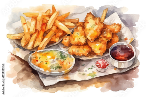 Watercolor background with nuggets. Vector illustration. Fast food.