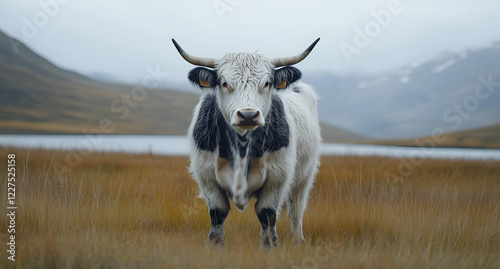 white and brown cow with horns standing in a grassy field, looking at the camera.