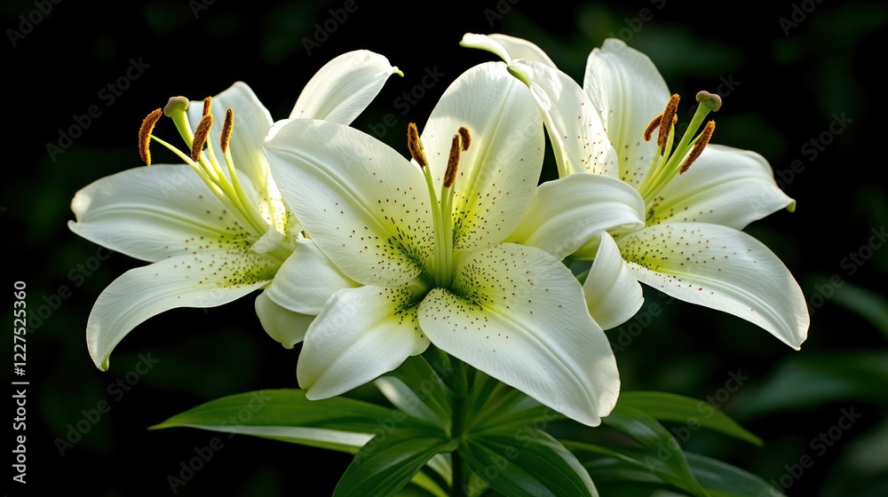Fototapeta premium Three elegant white lilies illuminated against a dark background.