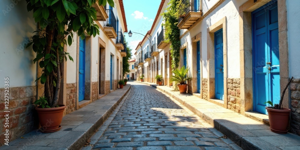 Sun-drenched cobblestone street with vibrant blue doors and lush greenery in charming residential area Sun-drenched cobblestone street with vibrant blue doors and lush greenery in charming residential area