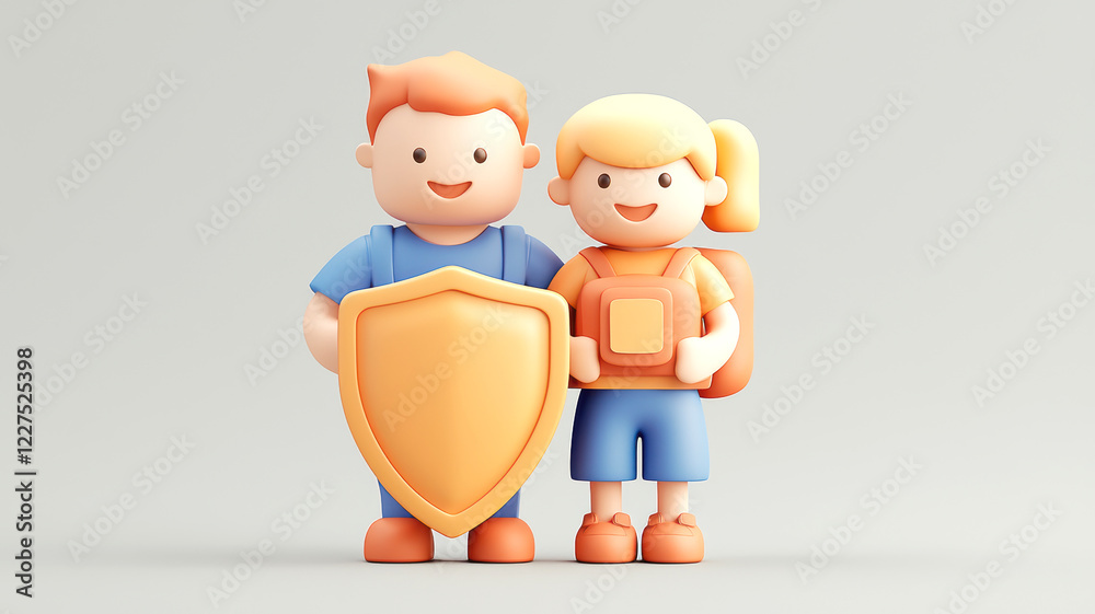 Two cartoon children stand together, one holding a shield, symbolizing friendship, safety, and teamwork in a playful, colorful style. Two cartoon children stand together, one holding a shield, symbolizing friendship, safety, and teamwork in a playful, colorful style.