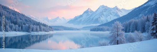 Snowy mountains in the background with a frozen lake and trees, tree, frosty