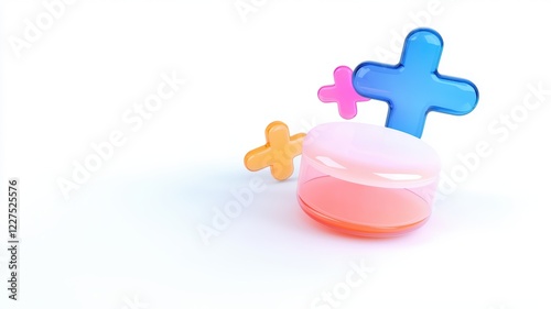 A colorful container with three plus-shaped accents, set against a plain white background, suggesting themes of addition or enhancement. photo